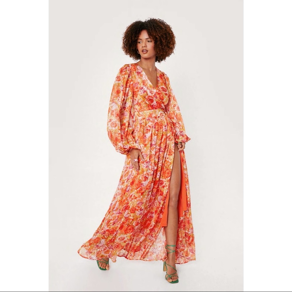 Floral Print V Neck Split Hem Maxi Dress
